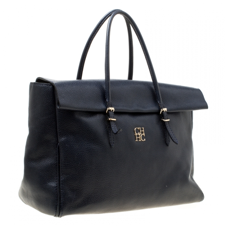 Pre Owned Carolina Herrera Blue Leather Tempo Collection Adagio Tote