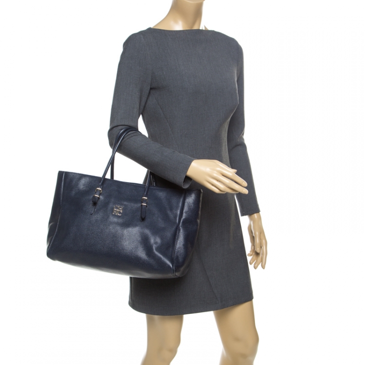 Pre Owned Carolina Herrera Blue Leather Tempo Collection Adagio Tote