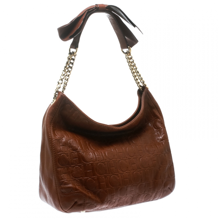 Pre Owned Carolina Herrera Brown Monogram Leather Bow Hobo
