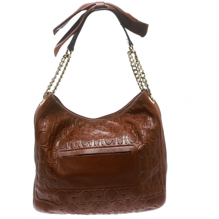 Pre Owned Carolina Herrera Brown Monogram Leather Bow Hobo