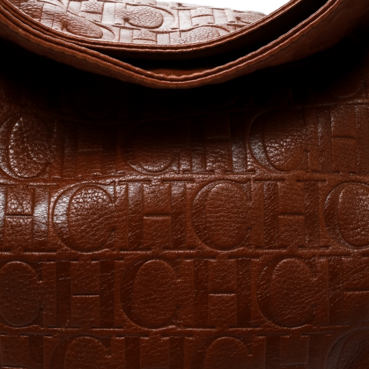 Pre Owned Carolina Herrera Brown Monogram Leather Bow Hobo