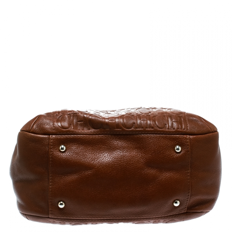 Pre Owned Carolina Herrera Brown Monogram Leather Bow Hobo