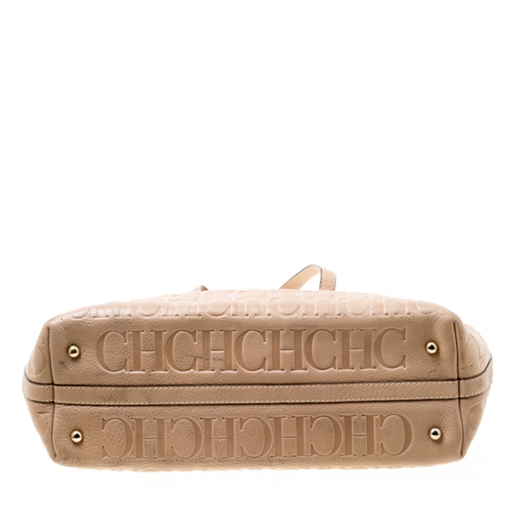 Pre Owned Carolina Herrera Beige Monogram Leather Shopper Tote