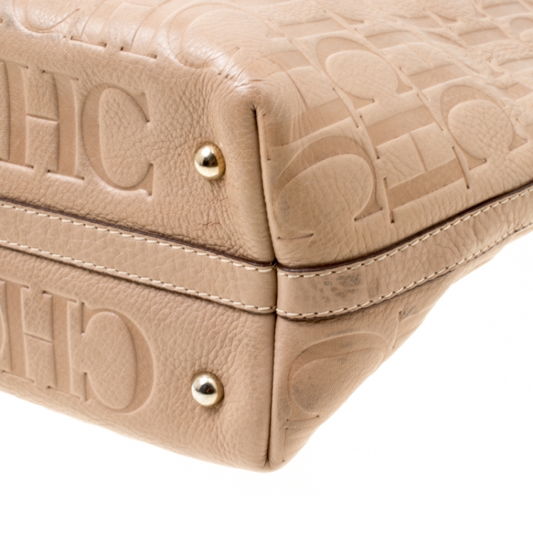 Pre Owned Carolina Herrera Beige Monogram Leather Shopper Tote