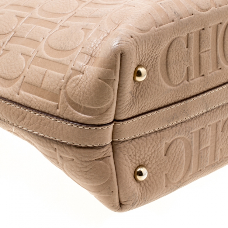 Pre Owned Carolina Herrera Beige Monogram Leather Shopper Tote