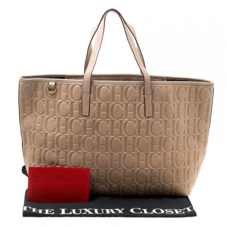 Pre Owned Carolina Herrera Beige Monogram Leather Shopper Tote