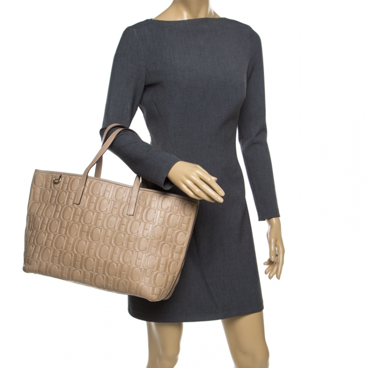 Pre Owned Carolina Herrera Beige Monogram Leather Shopper Tote