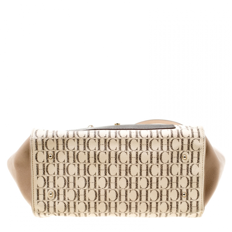 Pre Owned Carolina Herrera Beige/Off White Monogram Canvas and Leather Shopper Tote