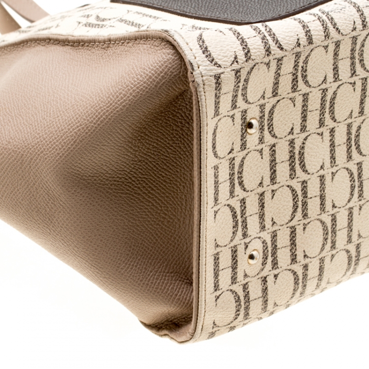 Pre Owned Carolina Herrera Beige/Off White Monogram Canvas and Leather Shopper Tote