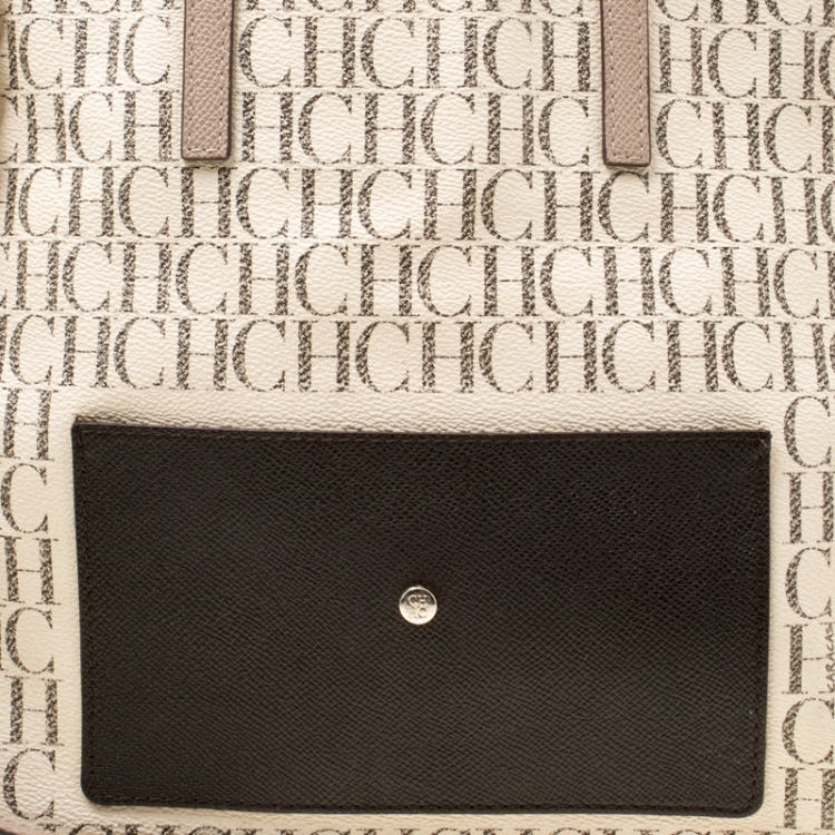 Pre Owned Carolina Herrera Beige/Off White Monogram Canvas and Leather Shopper Tote