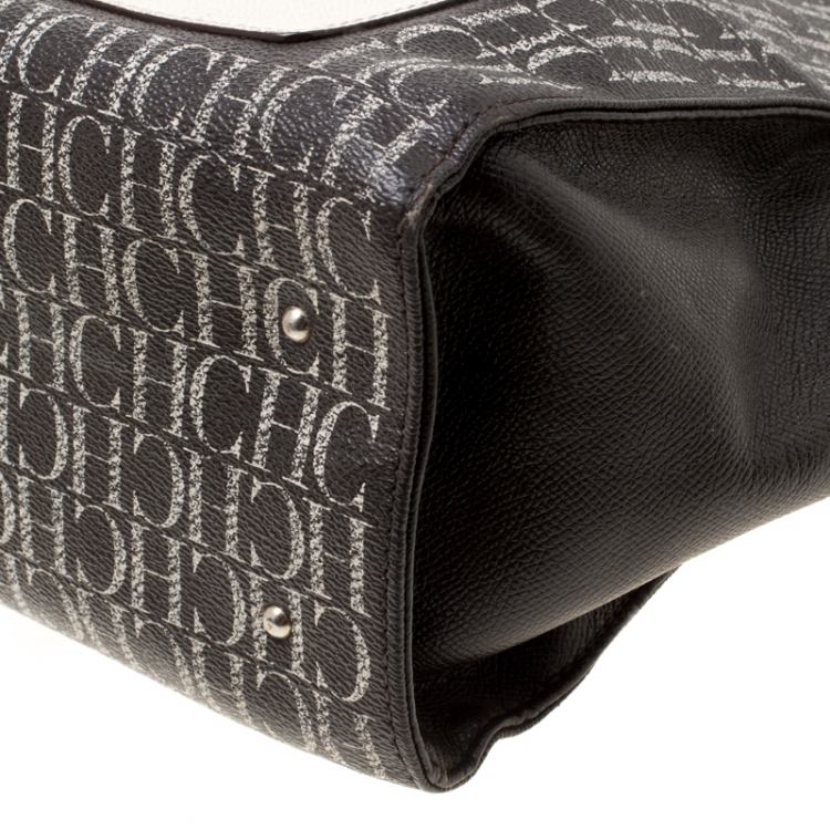 Pre Owned Carolina Herrera Dark Brown Monogram Canvas and Leather Shopper Tote