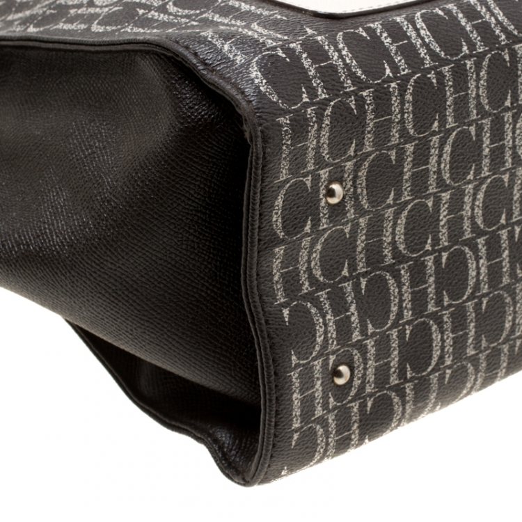 Pre Owned Carolina Herrera Dark Brown Monogram Canvas and Leather Shopper Tote