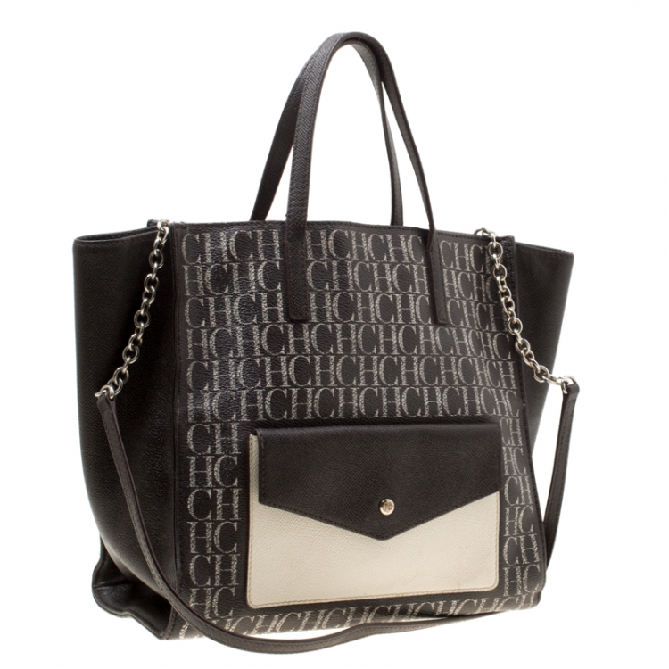 Pre Owned Carolina Herrera Dark Brown Monogram Canvas and Leather Shopper Tote