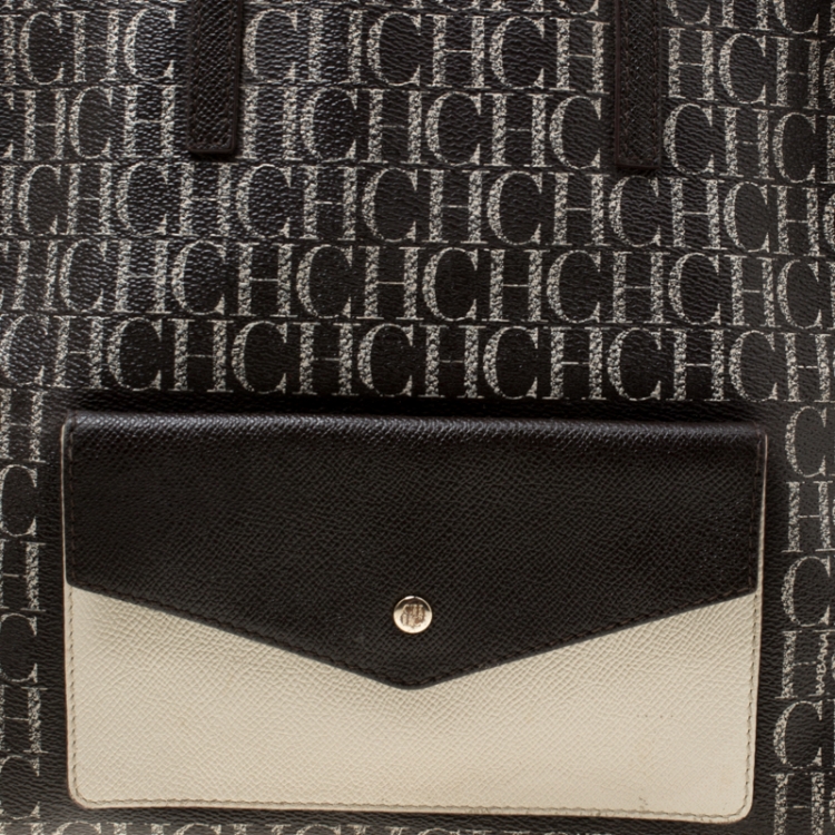Pre Owned Carolina Herrera Dark Brown Monogram Canvas and Leather Shopper Tote