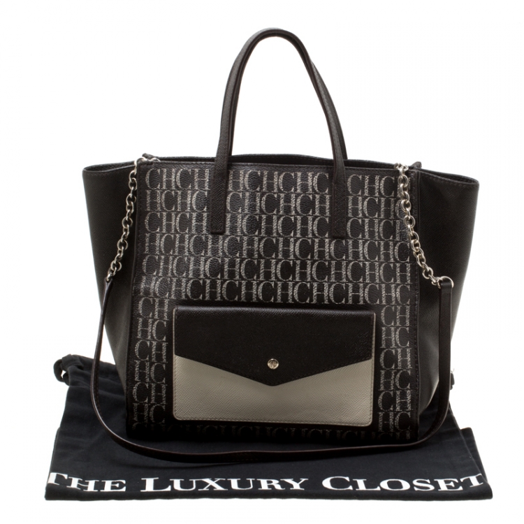 Pre Owned Carolina Herrera Dark Brown Monogram Canvas and Leather Shopper Tote