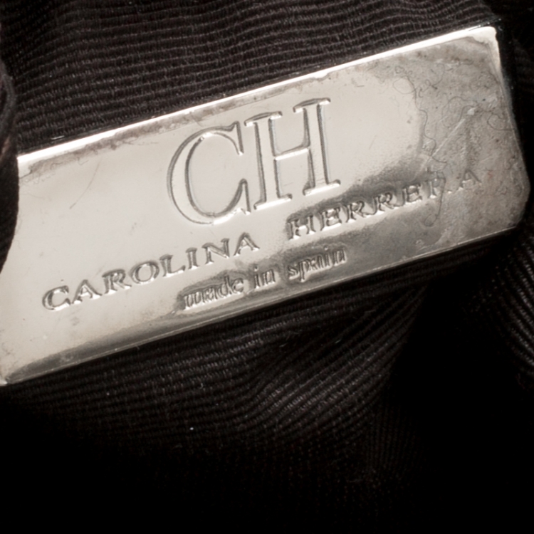 Pre Owned Carolina Herrera Silver Monogram Leather Bow Bucket Hobo