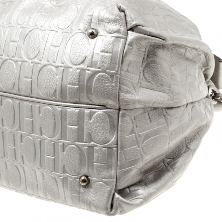 Pre Owned Carolina Herrera Silver Monogram Leather Bow Bucket Hobo