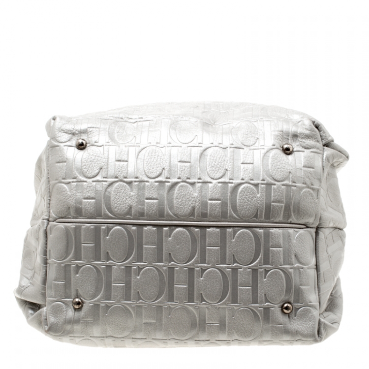 Pre Owned Carolina Herrera Silver Monogram Leather Bow Bucket Hobo