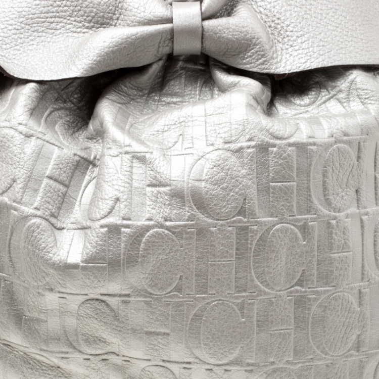 Pre Owned Carolina Herrera Silver Monogram Leather Bow Bucket Hobo
