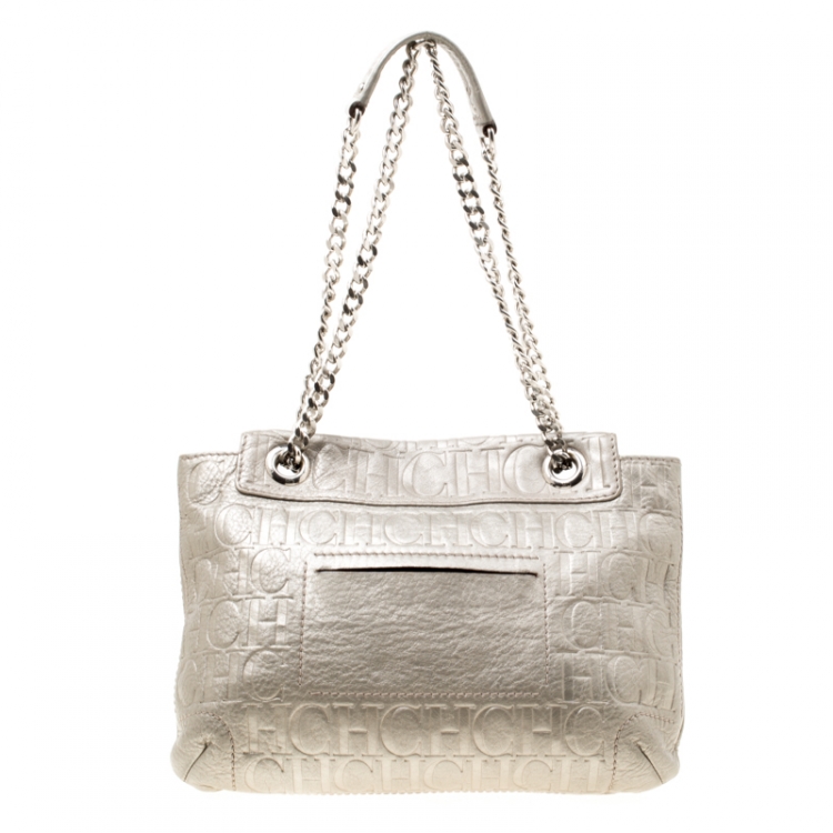 Pre Owned Carolina Herrera Grey Monogram Leather Audrey Shoulder Bag