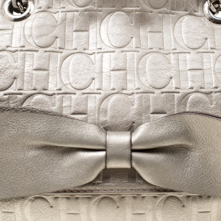 Pre Owned Carolina Herrera Grey Monogram Leather Audrey Shoulder Bag