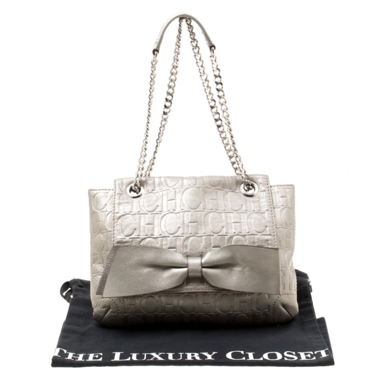 Pre Owned Carolina Herrera Grey Monogram Leather Audrey Shoulder Bag