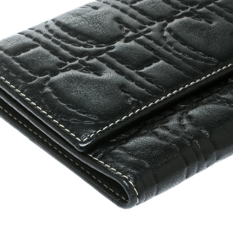 Pre Owned Carolina Herrera Black Monogram Leather Tri Fold Compact Wallet
