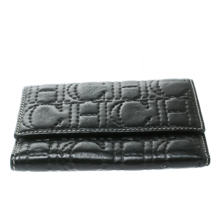 Pre Owned Carolina Herrera Black Monogram Leather Tri Fold Compact Wallet