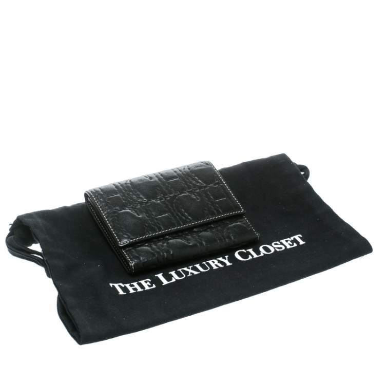 Pre Owned Carolina Herrera Black Monogram Leather Tri Fold Compact Wallet