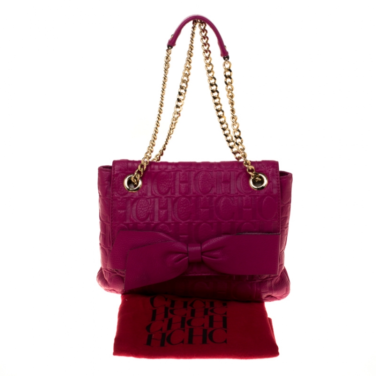 Pre Owned Carolina Herrera Hot Pink Monogram Leather Audrey Shoulder Bag