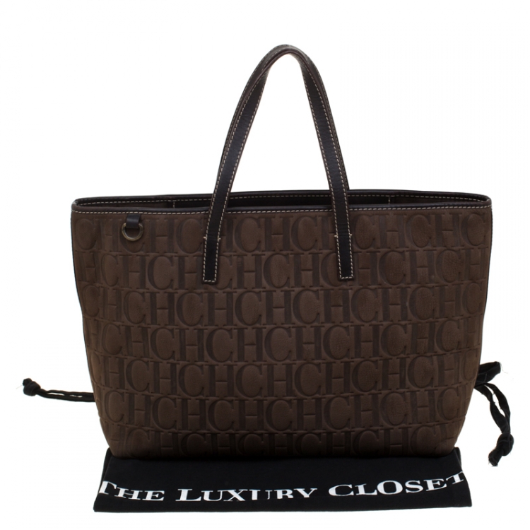 Pre Owned Carolina Herrera Brown Monogram Embossed Nubuck Shopper Tote