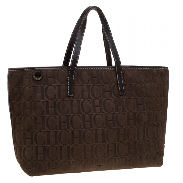 Pre Owned Carolina Herrera Brown Monogram Embossed Nubuck Shopper Tote