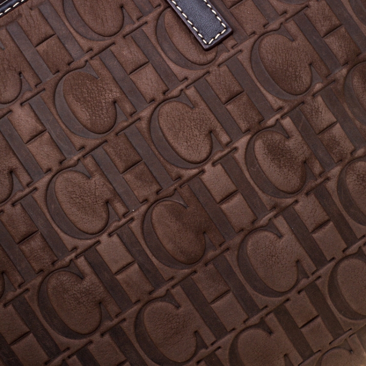 Pre Owned Carolina Herrera Brown Monogram Embossed Nubuck Shopper Tote