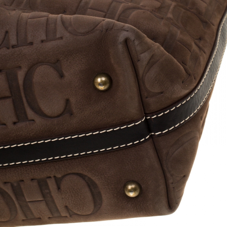 Pre Owned Carolina Herrera Brown Monogram Embossed Nubuck Shopper Tote