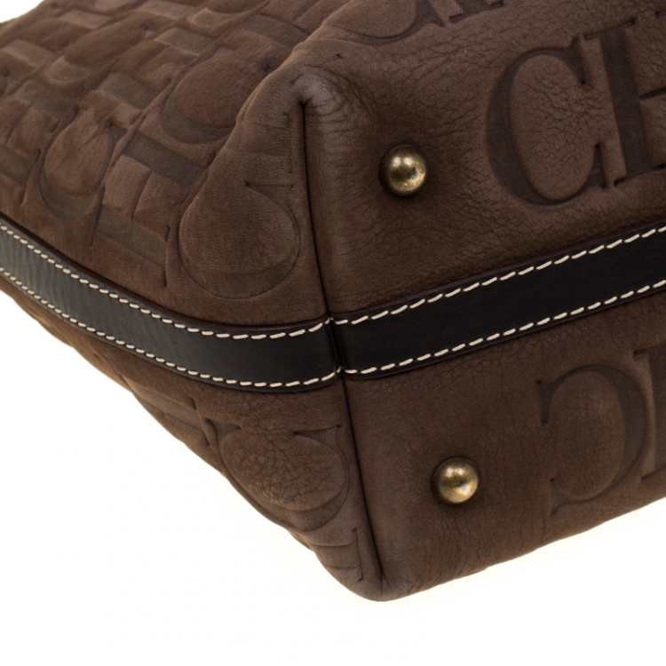 Pre Owned Carolina Herrera Brown Monogram Embossed Nubuck Shopper Tote
