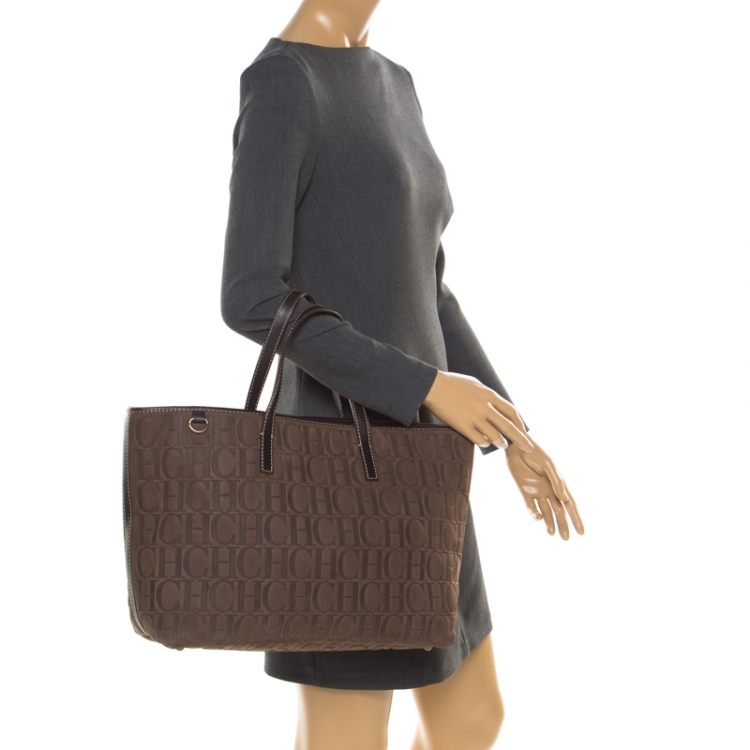 Pre Owned Carolina Herrera Brown Monogram Embossed Nubuck Shopper Tote