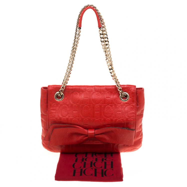 Pre Owned Carolina Herrera Red Monogram Leather Audrey Shoulder Bag