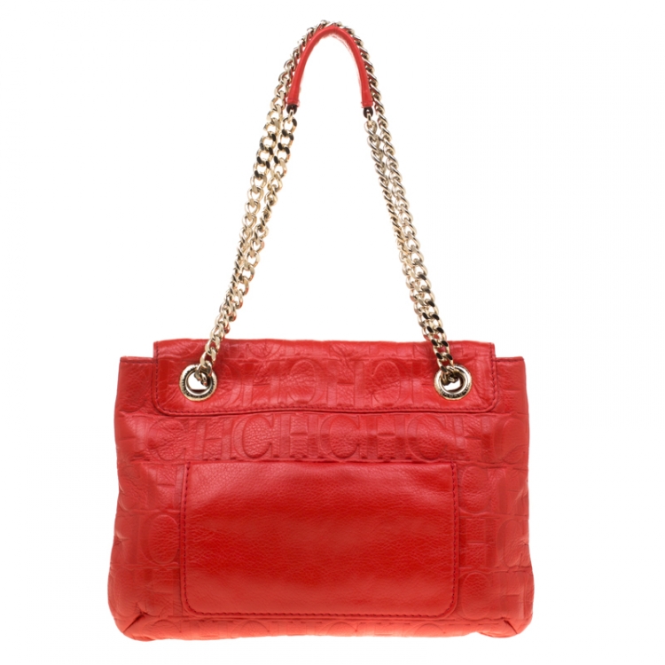 Pre Owned Carolina Herrera Red Monogram Leather Audrey Shoulder Bag