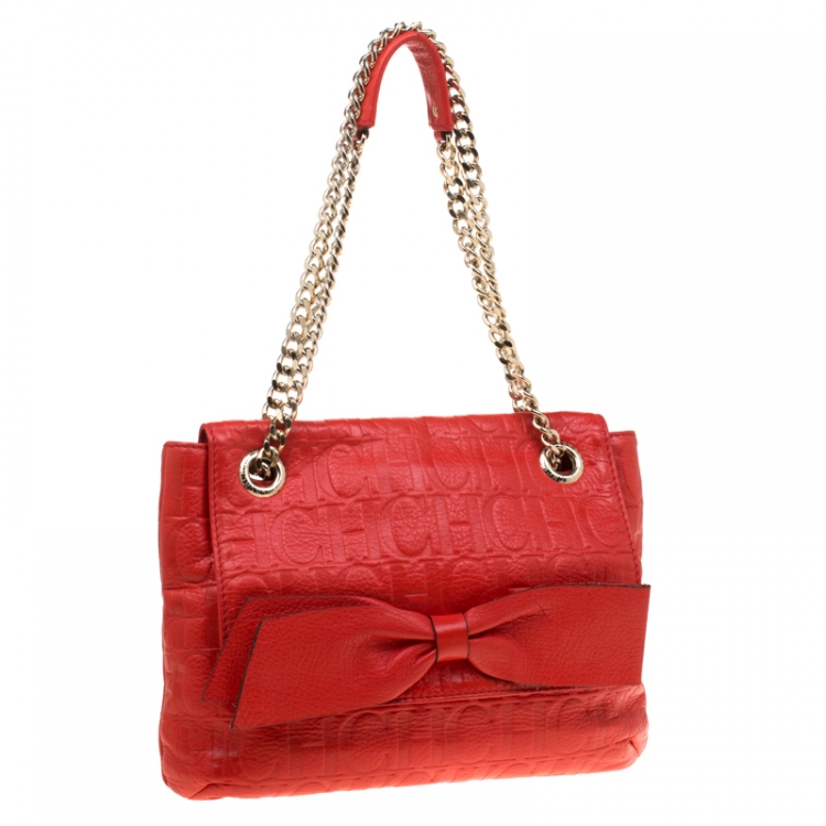 Pre Owned Carolina Herrera Red Monogram Leather Audrey Shoulder Bag