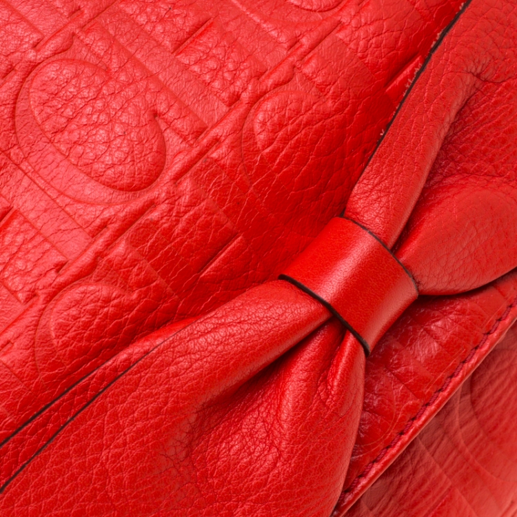 Pre Owned Carolina Herrera Red Monogram Leather Audrey Shoulder Bag