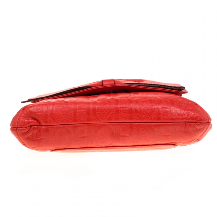 Pre Owned Carolina Herrera Red Monogram Leather Audrey Shoulder Bag
