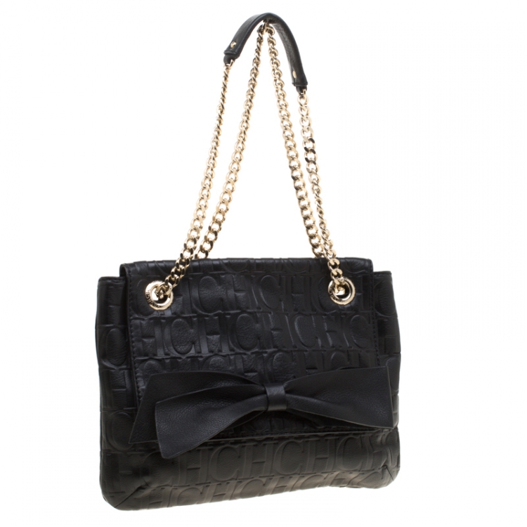 Pre Owned Carolina Herrera Black Monogram Leather Audrey Shoulder Bag