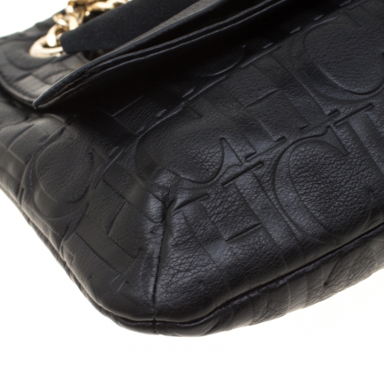 Pre Owned Carolina Herrera Black Monogram Leather Audrey Shoulder Bag