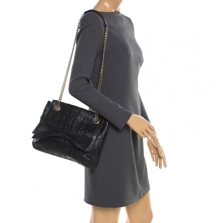 Pre Owned Carolina Herrera Black Monogram Leather Audrey Shoulder Bag