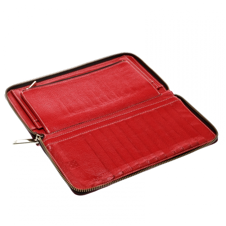 Pre Owned Carolina Herrera Red Monogram Leather Zip Around Wallet