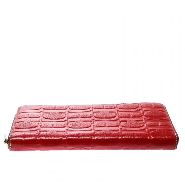 Pre Owned Carolina Herrera Red Monogram Leather Zip Around Wallet