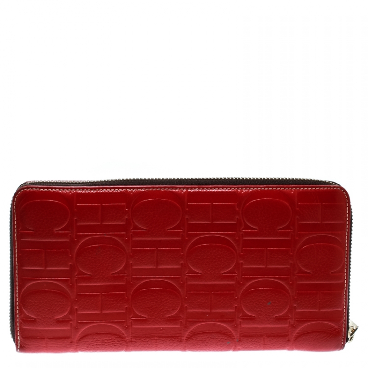 Pre Owned Carolina Herrera Red Monogram Leather Zip Around Wallet