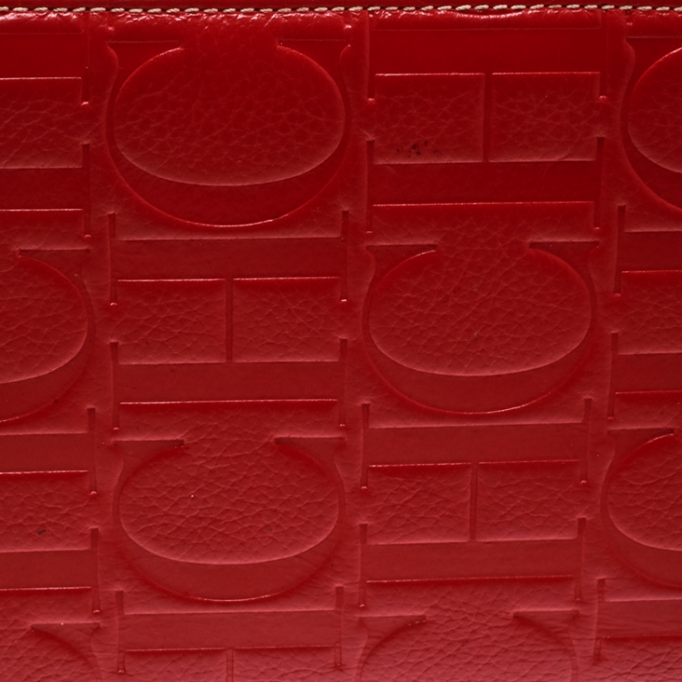 Pre Owned Carolina Herrera Red Monogram Leather Zip Around Wallet