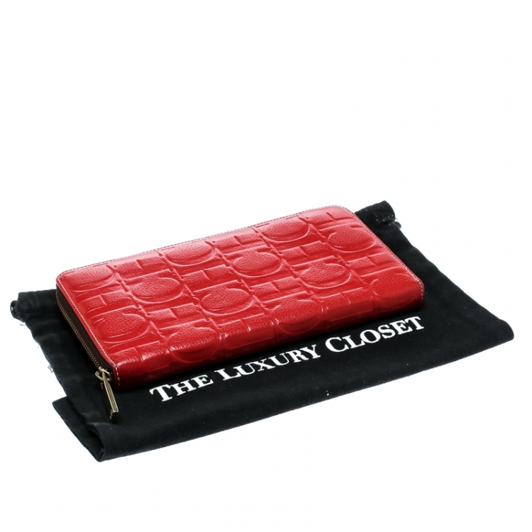 Pre Owned Carolina Herrera Red Monogram Leather Zip Around Wallet