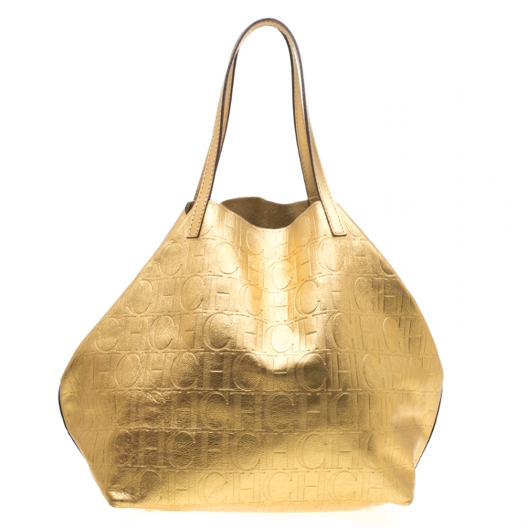 Pre Owned Carolina Herrera Gold Monogram Leather Matryoshka Tote